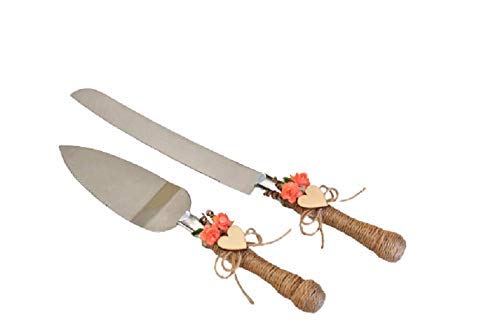 Handmade Rustic Chic Wedding Cake Cutter & Server Set - Coral Cake Knife for Country Weddings, Bridal Showers & Anniversary Celebrations