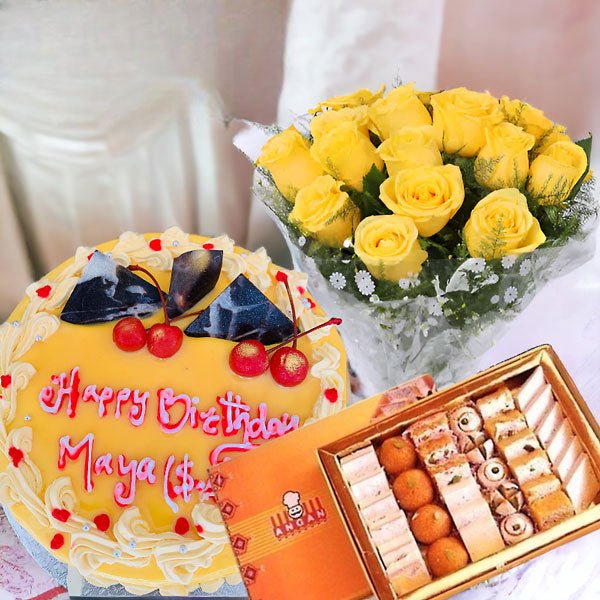 Butterscotch Cake with Indian Sweets & Rose Bouquet - Perfect for Birthdays, Anniversaries & Special Occasions