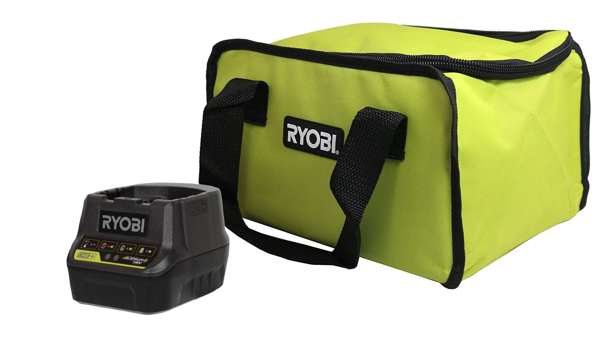 RYOBI P118B 18V Lithium-Ion Battery Charger with Soft-Sided Power Tool Storage Bag - Heavy Duty Cross X Stitching & Zippered Top - Perfect for Cordless Drill, Saw & Power Tool Organization at Home or Job Site