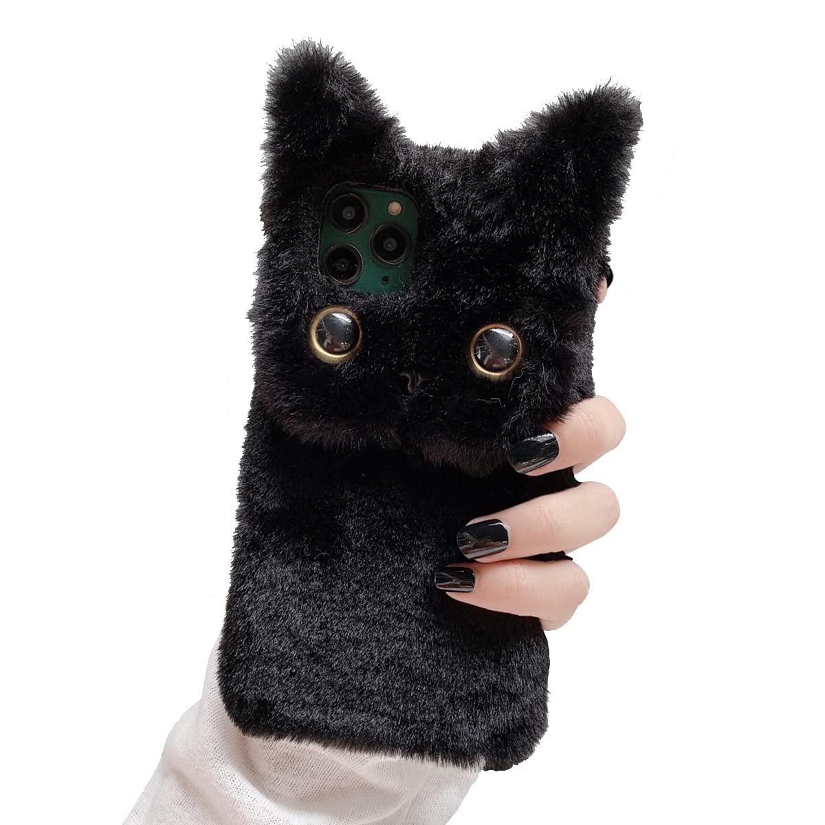 Cute Cat Phone Case for iPhone 12 Pro Max - Warm Winter Fluffy Furry Plush Protective Cover with Soft TPU Shockproof & Anti-Scratch Shell (Black) - Perfect Gift for Cat Lovers & Daily Protection