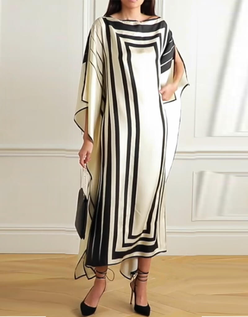 Luxury Beige and Black Satin Silk Kaftan Dress - Elegant Loungewear for Women | Perfect for Home Relaxation, Beach Cover-Up & Special Occasions