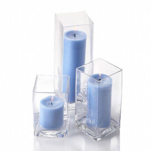 Richland Set of 18 Glass Eastland Square Vases & 18 Light Blue Pillar Candles - Elegant Home Decor for Weddings, Centerpieces, and Romantic Ambiance