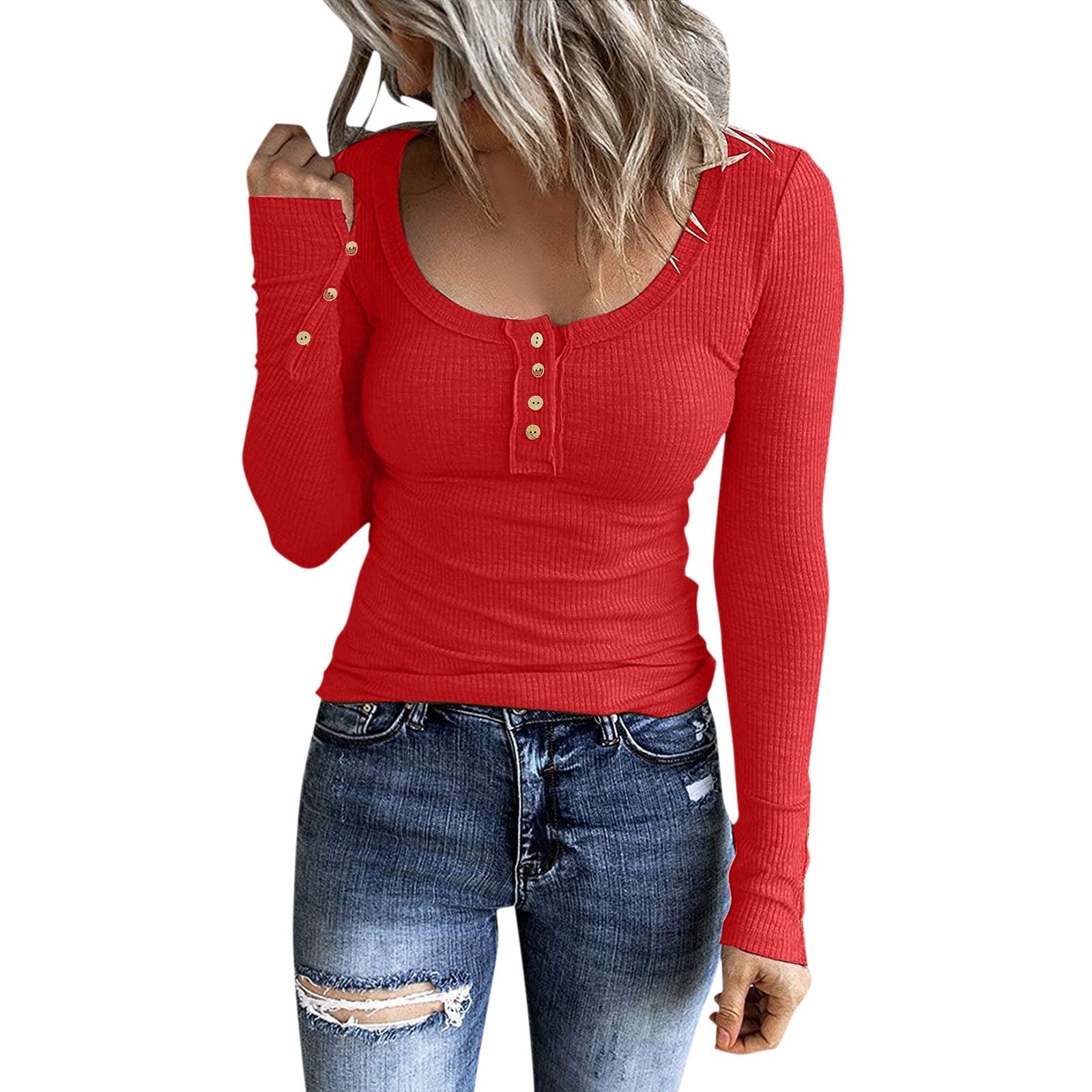 Women's Slim Fit Long Sleeve Henley T-Shirt - Button Down Scoop Neck Ribbed Knit Top for Work & Casual Wear | Comfortable Office & Everyday Outfit