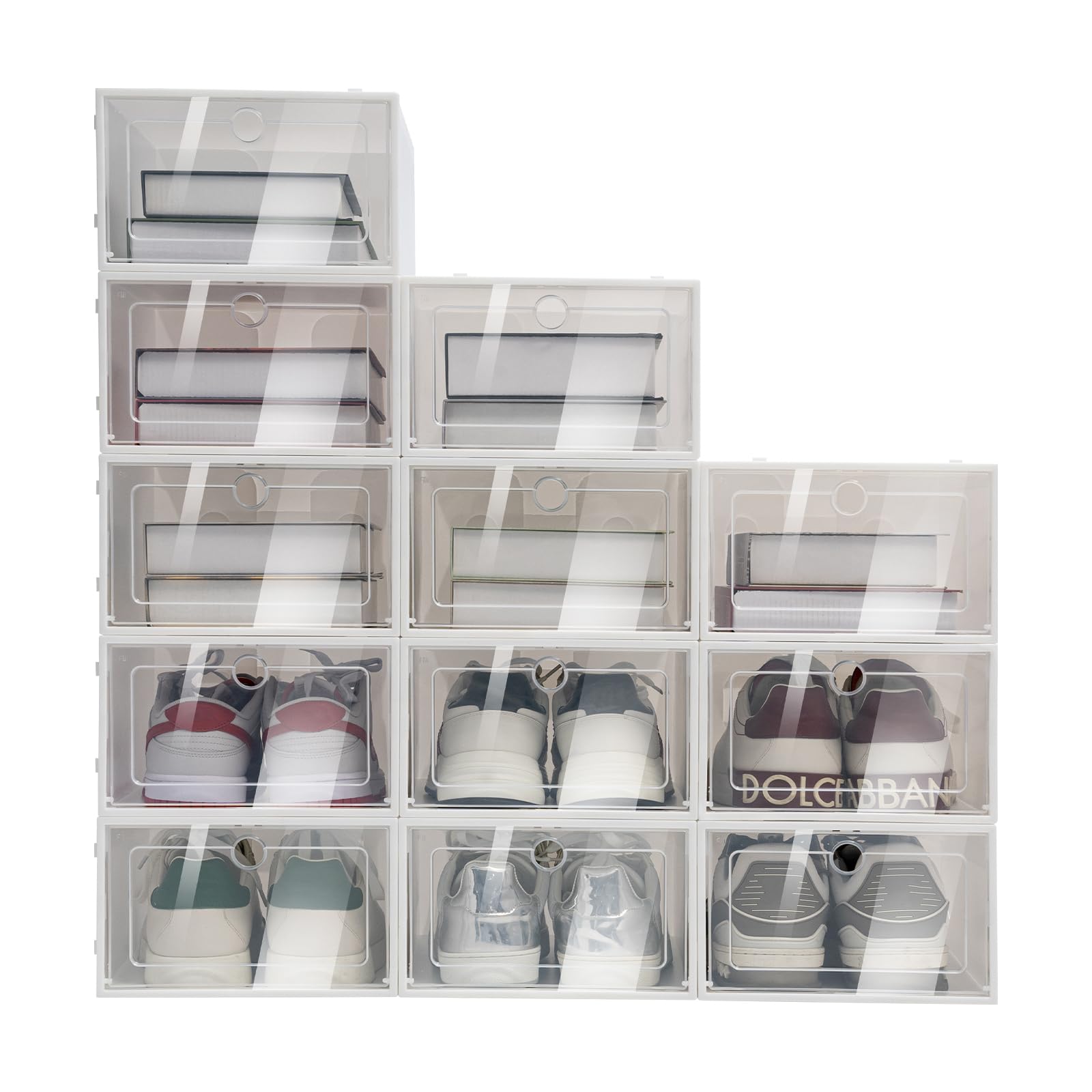 DYRABREST 24 Pack Clear Plastic Shoe Storage Boxes - Stackable Shoe Organizer for Closet, Foldable Shoe Rack with Round Holes - Perfect for Sneakers, Boots & Heels Storage - Ideal for Bedroom, Closet & Entryway Organization