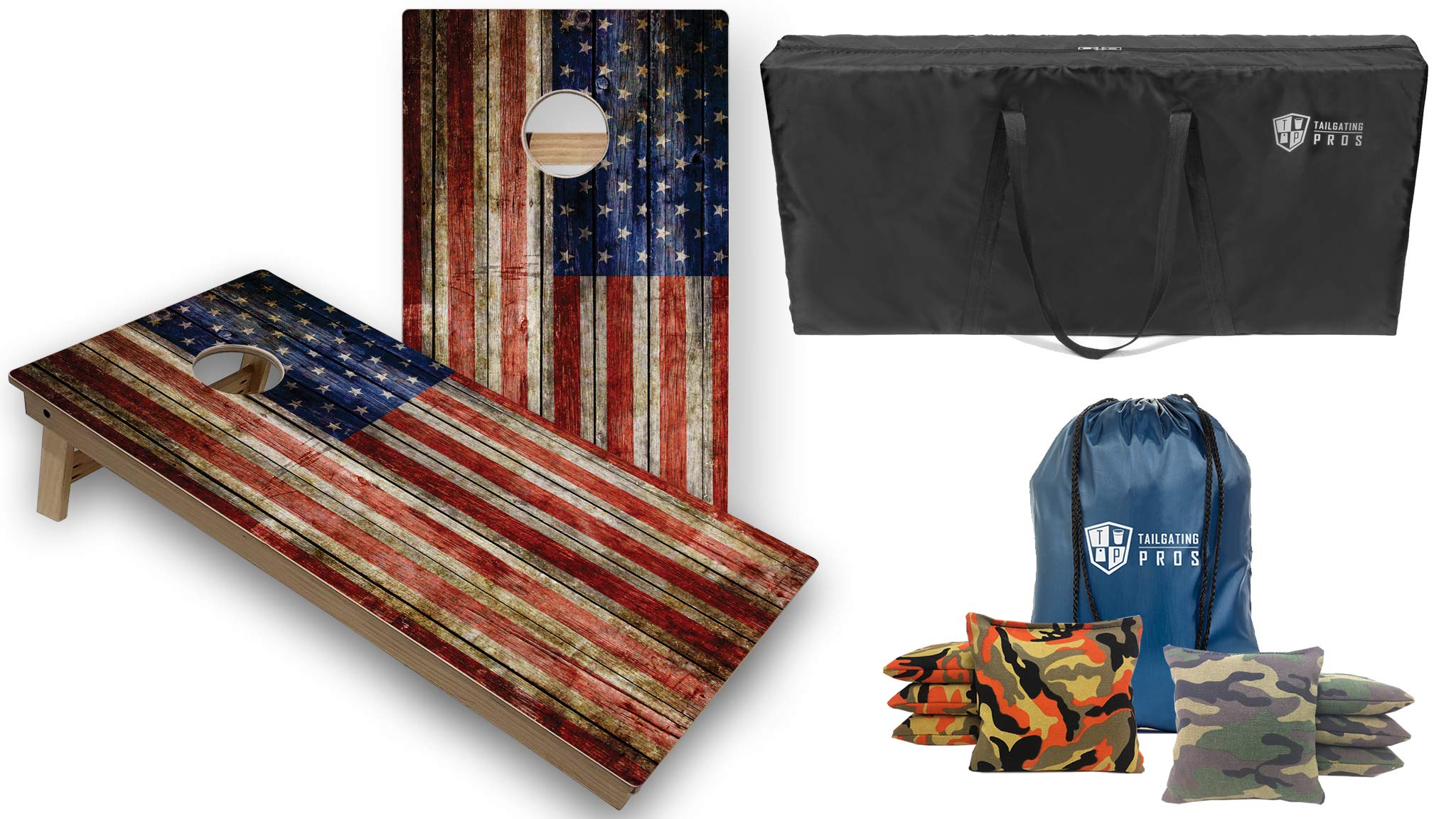 Tournament Grade Cornhole Game Set - 2 Professional 4'x2' Regulation Baltic Birch Cornhole Boards with Rustic Flag Design, Carrying Case & 8 Bags (LED Lights Optional) - Perfect for Tailgating, Backyard Parties, and Outdoor Events