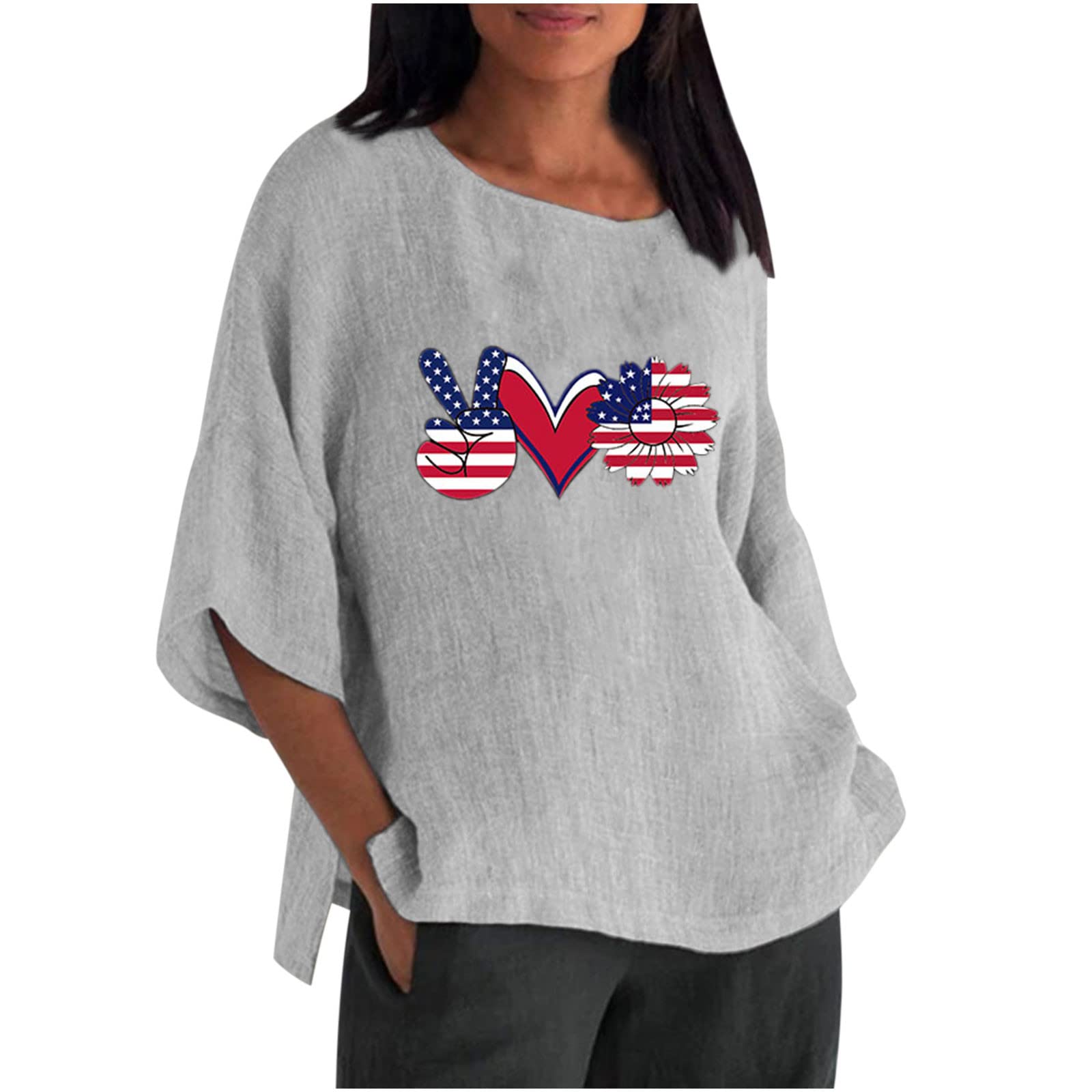 Women's Cotton Linen Blend 3/4 Sleeve Round Neck Tunic Top - Summer Casual Loose Fit Blouse for Plus Size - Perfect for Office, Beach & Vacation Wear