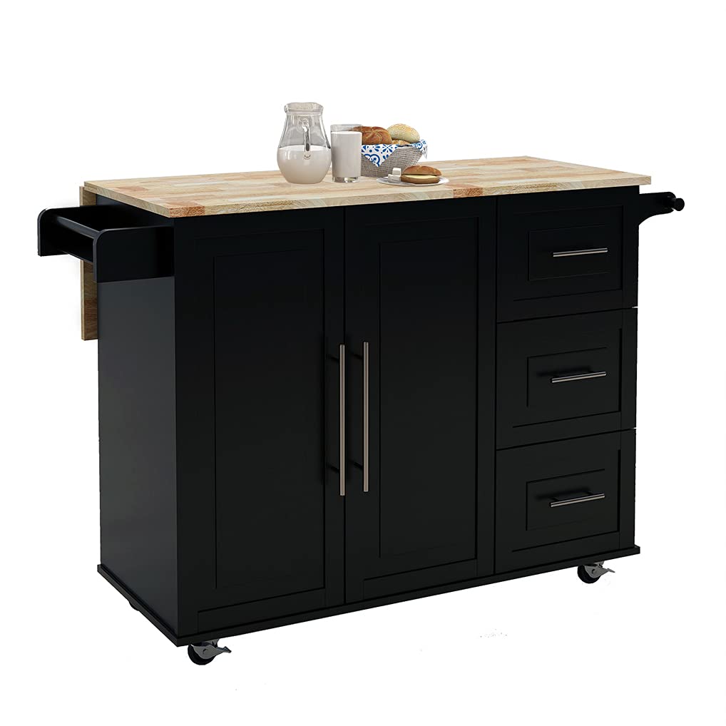 Expandable Kitchen Island with Drop-Leaf & Wheels - Solid Wood Folding Table Top, Large Storage Cabinets, 3 Drawers, Spice Rack & Towel Rack - Black | Perfect for Small Kitchens, Dining Areas & Extra Counter Space