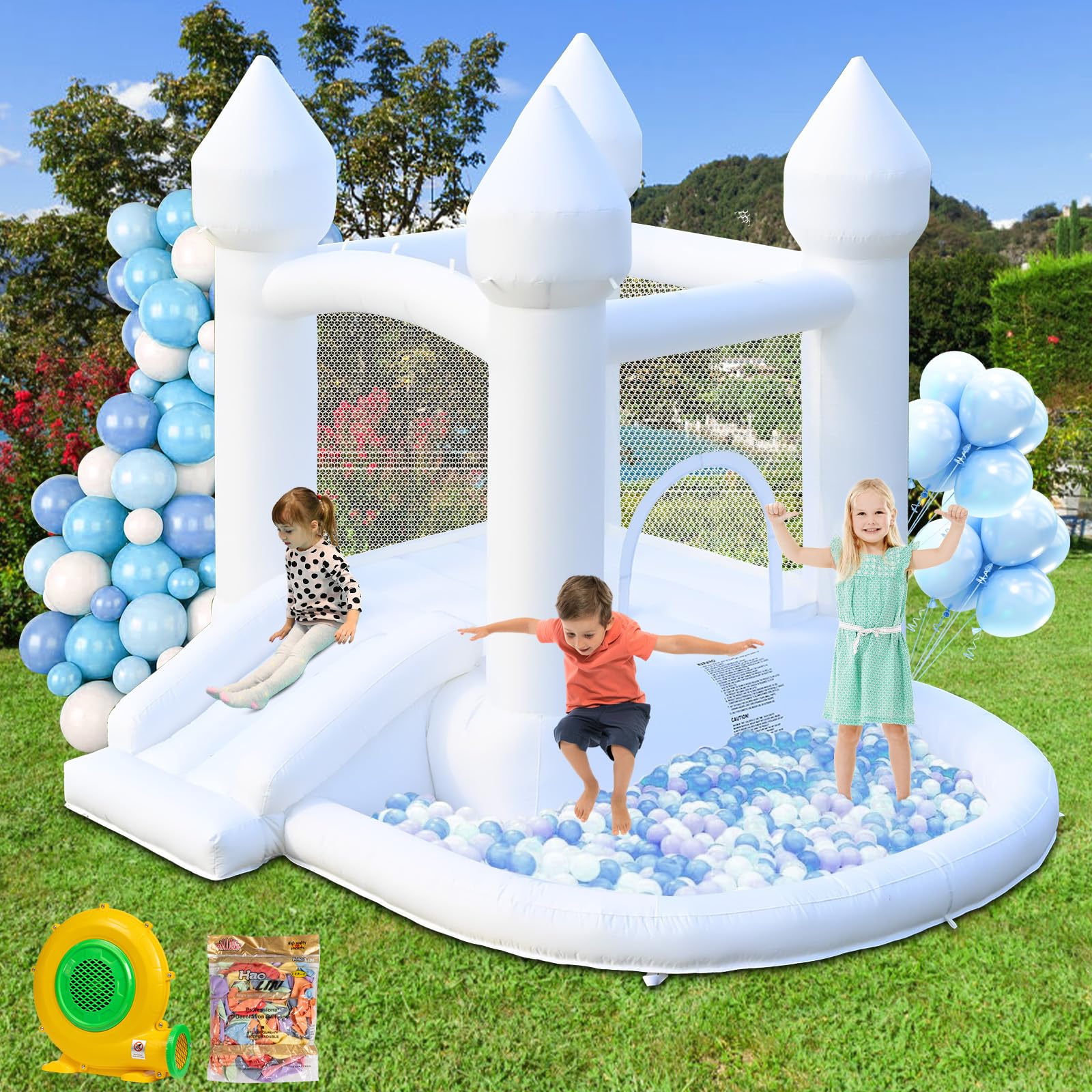 FOOING White Inflatable Bounce House with Air Blower - Kids Jumping Castle with Ball Pit for Birthday Parties, Weddings & Backyard Fun | Easy Setup & Safe for Family Outdoor Play