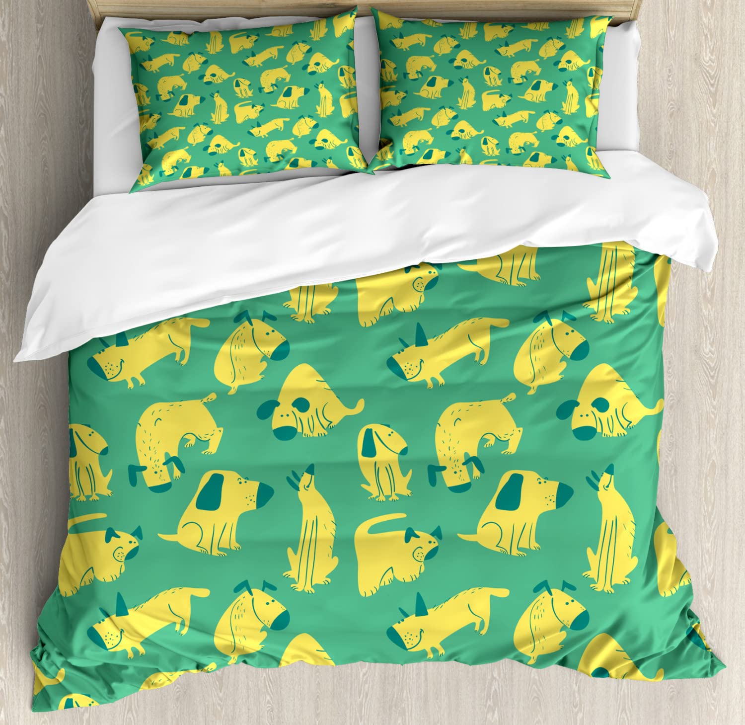Ambesonne Dog Duvet Cover Set - Cartoon Style Funky Doggies with Ears Up, 2-Pack King Size Bedding Set with 2 Duvet Covers & 4 Pillowcases in Sea Green & Pastel Yellow | Perfect for Pet Lovers' Bedroom Decor, Guest Room, and Cozy Home Styling
