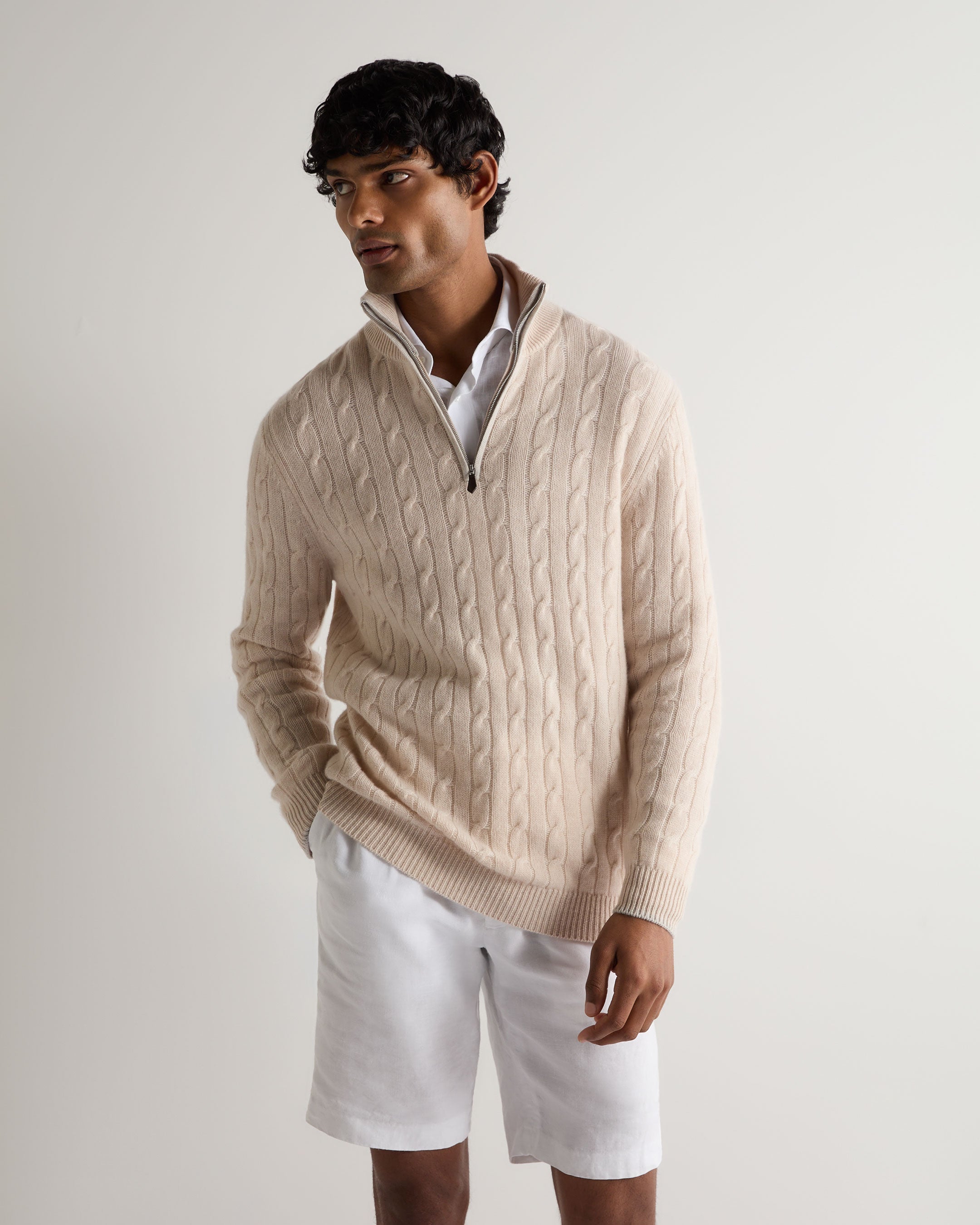 Men's Albemarle Cable Half Zip Cashmere Sweater in Ecru White - Perfect for Winter Layering & Casual Office Wear