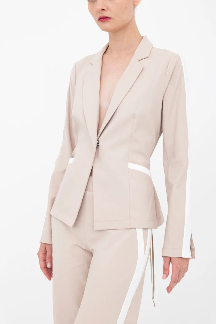 Bexley Notched Collar Contrast Stripe Blazer for Women - Nude Color Slim Fit Business Jacket - Perfect for Office Wear, Business Meetings & Formal Events