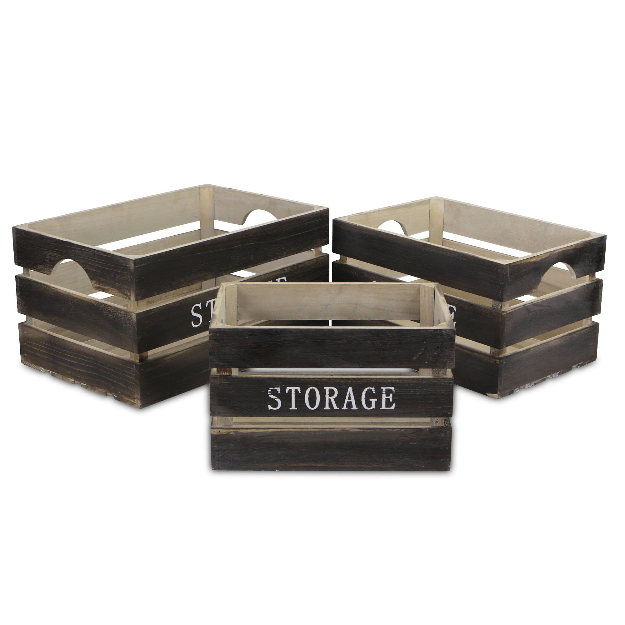 Set of 3 Brown Farmhouse Style Handmade Wooden Storage Crates 19