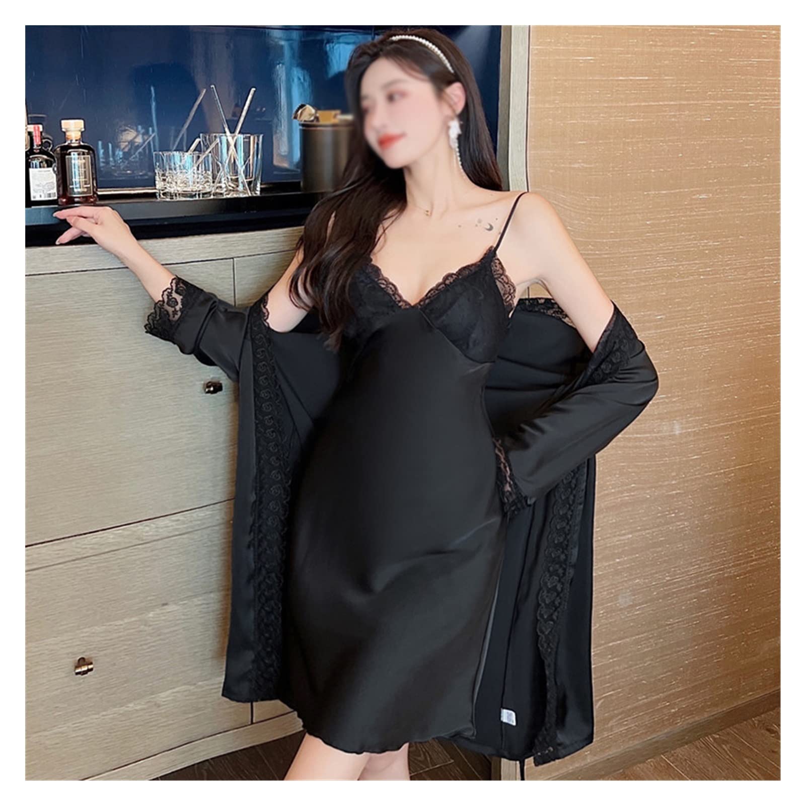 Luxury Women's Lace Silk Robe Gown Set - 2 Piece Sleepwear & Lounge Dress for Relaxation, Nightwear, Spa & Bridal Occasions (Color: B, Size: L)