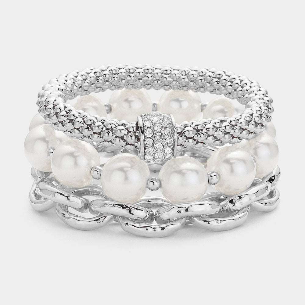 Silver Pearl Chain Stretch Layered Bracelets for Women - Adjustable Stackable Boho Jewelry Set - Perfect for Parties, Weddings & Everyday Wear