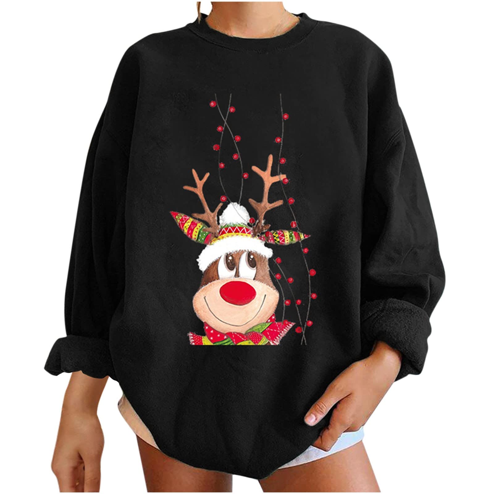 Trendy Women's Christmas Reindeer Print Crewneck Sweatshirt - Soft Long Sleeve Pullover Oversized Fall Sweater for Casual Wear & Holiday Outfits