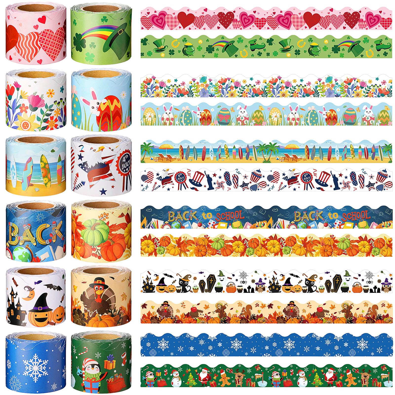 Geyee 12 Rolls 394ft Seasonal Bulletin Board Borders - Spring, Easter, Summer Classroom Decorations for School Walls & Party Decor | Holiday, Back to School & Teacher Supplies