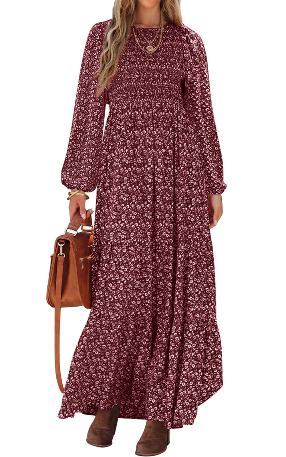 PRETTYGARDEN Women's Floral Maxi Dress Long Sleeve Smocked Tiered Spring Dress 2025 - Flowy Casual Crew Neck Midi Dress for Brunch, Wedding Guest & Vacation Outfits