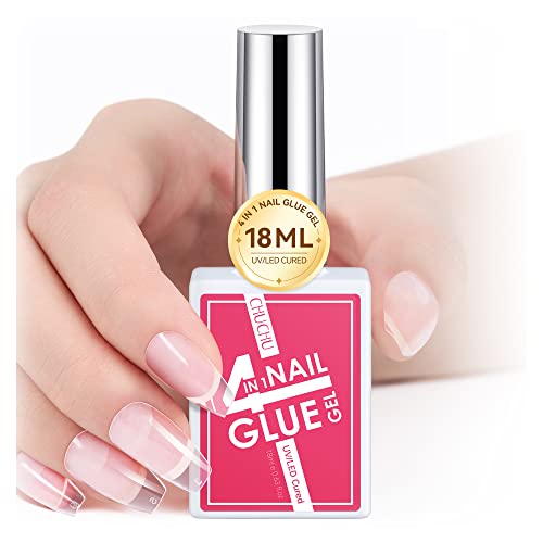CHUCHU 18ML Nail Glue Gel - 4 in 1 Strong Acrylic Nail Adhesive with Brush for Clear Press On Nails & Extensions - UV Cured Nail Polish Base Gel for Salon & DIY Manicures at Home