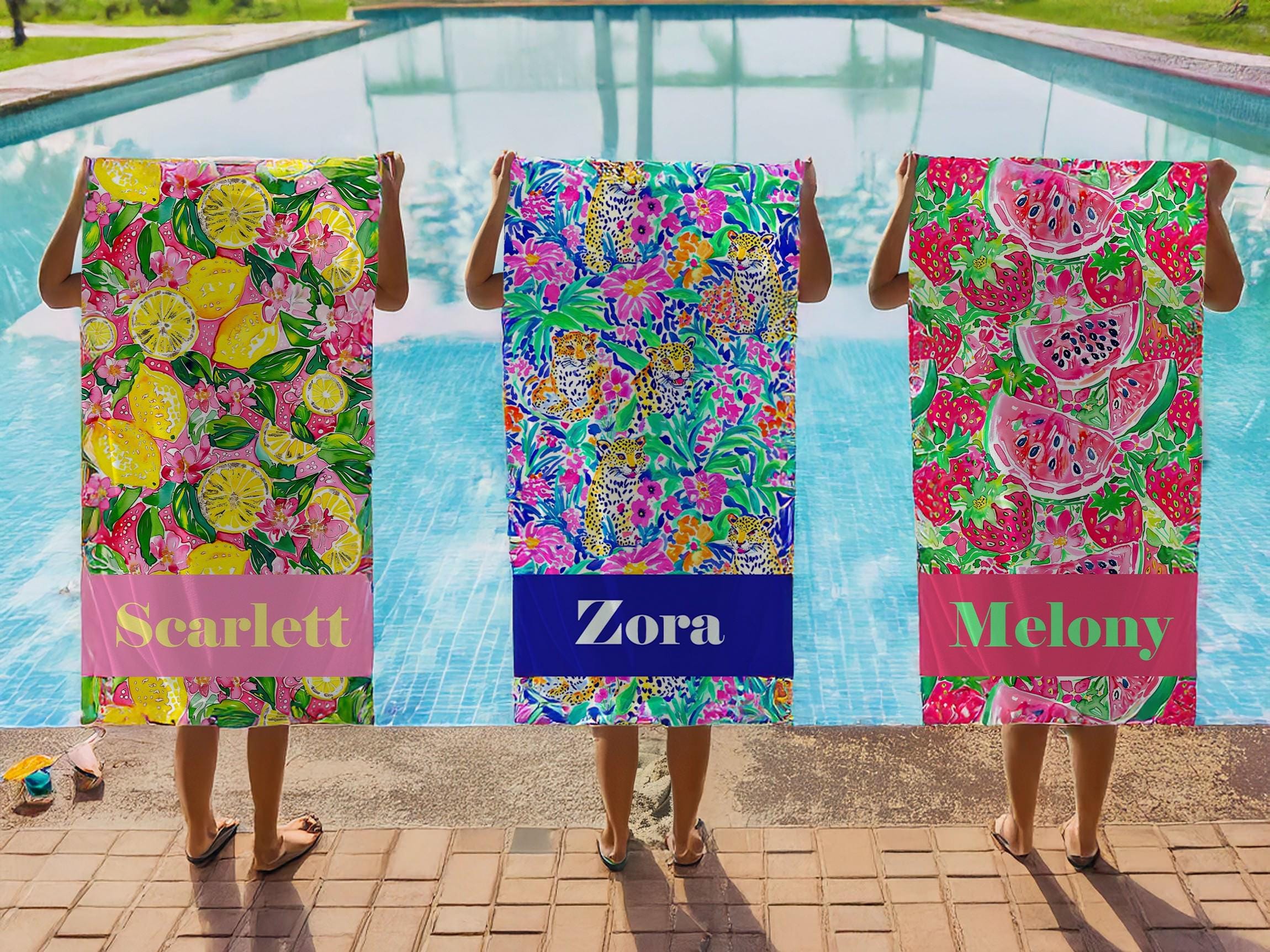 Stylish Preppy Beach Towel with Tropical Fruit Print - Personalized Name Custom Summer Gift for Women | Perfect for Yacht Club, Vacation, Bachelorette Parties & Beach Trips