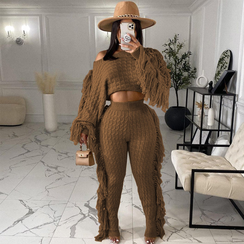 Solid Color Knitted Long Sleeve Fringe Suit - Women's Elegant Loungewear for Home, Office & Special Occasions