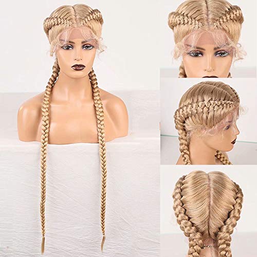 Long Blonde Braided Lace Front Wigs for Women - 36 Inch Heat Resistant Synthetic Hair with Baby Hair & Half Hand Tied Construction | Perfect for Daily Wear, Cosplay, Parties & Special Occasions