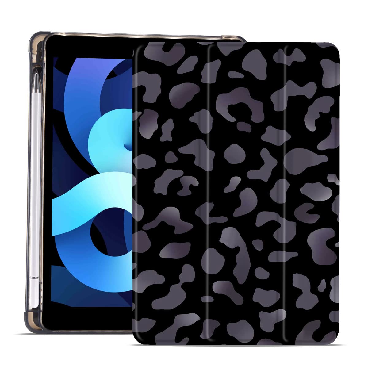 MAYCARI Black Cheetah Print iPad Air 5/Air 4 Case with Pencil Holder | Protective Cover for iPad 10.9 Inch 2022/2020 Models | Soft TPU Back & Auto Sleep/Wake | Slim Shell Design - Perfect for School, Work & Travel