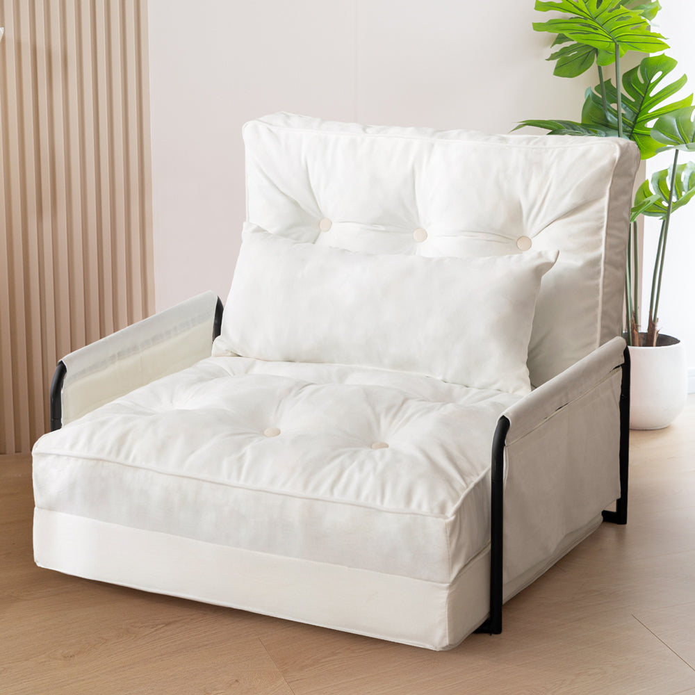 MAXYOYO Adjustable Floor Sofa Bed - Velvet Convertible Lazy Couch with Pillow & Armrests - Single Size Beige Sofa Sleeper for Living Room, Bedroom & Small Spaces