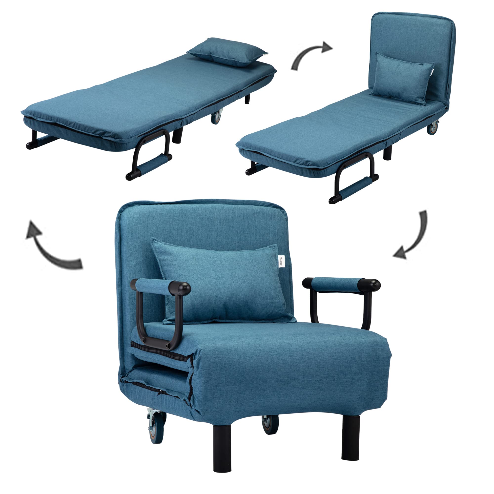 3-in-1 Convertible Sofa Bed Recliner - Foldable 5-Position Adjustable Backrest with Removable Pillow - Linen Fabric Lounge Chair for Living Room, Guest Room & Small Spaces (Blue)
