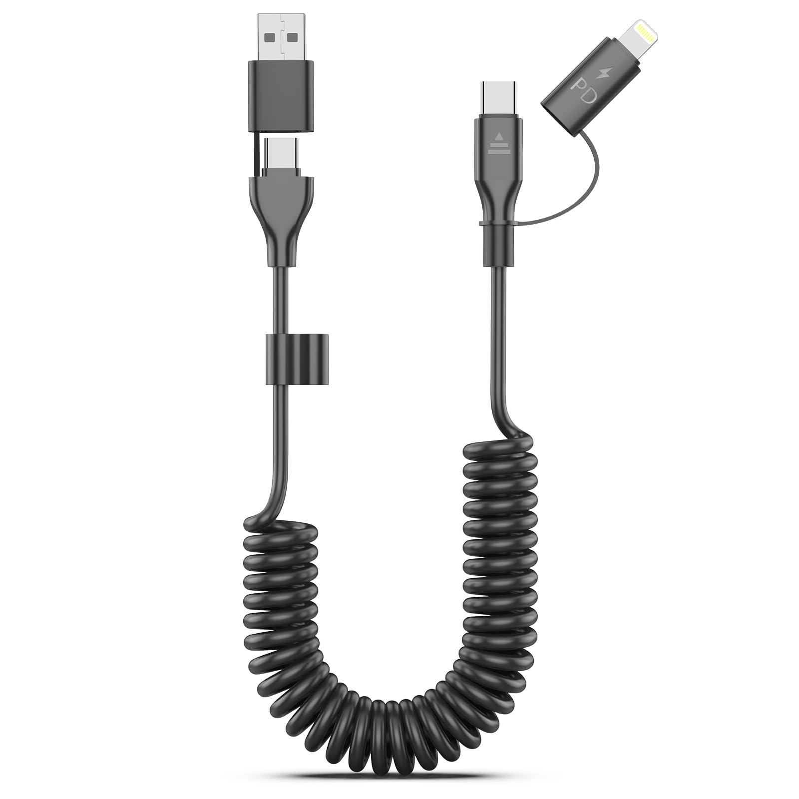 2-in-1 Coiled USB-C & Lightning Fast Charging Cable (3FT) - 60W High-Speed Car Charger Cord Compatible with iPhone 15/16, Samsung Galaxy - Supports Apple CarPlay & Android Auto - Perfect for Road Trips & Daily Commute (Black)