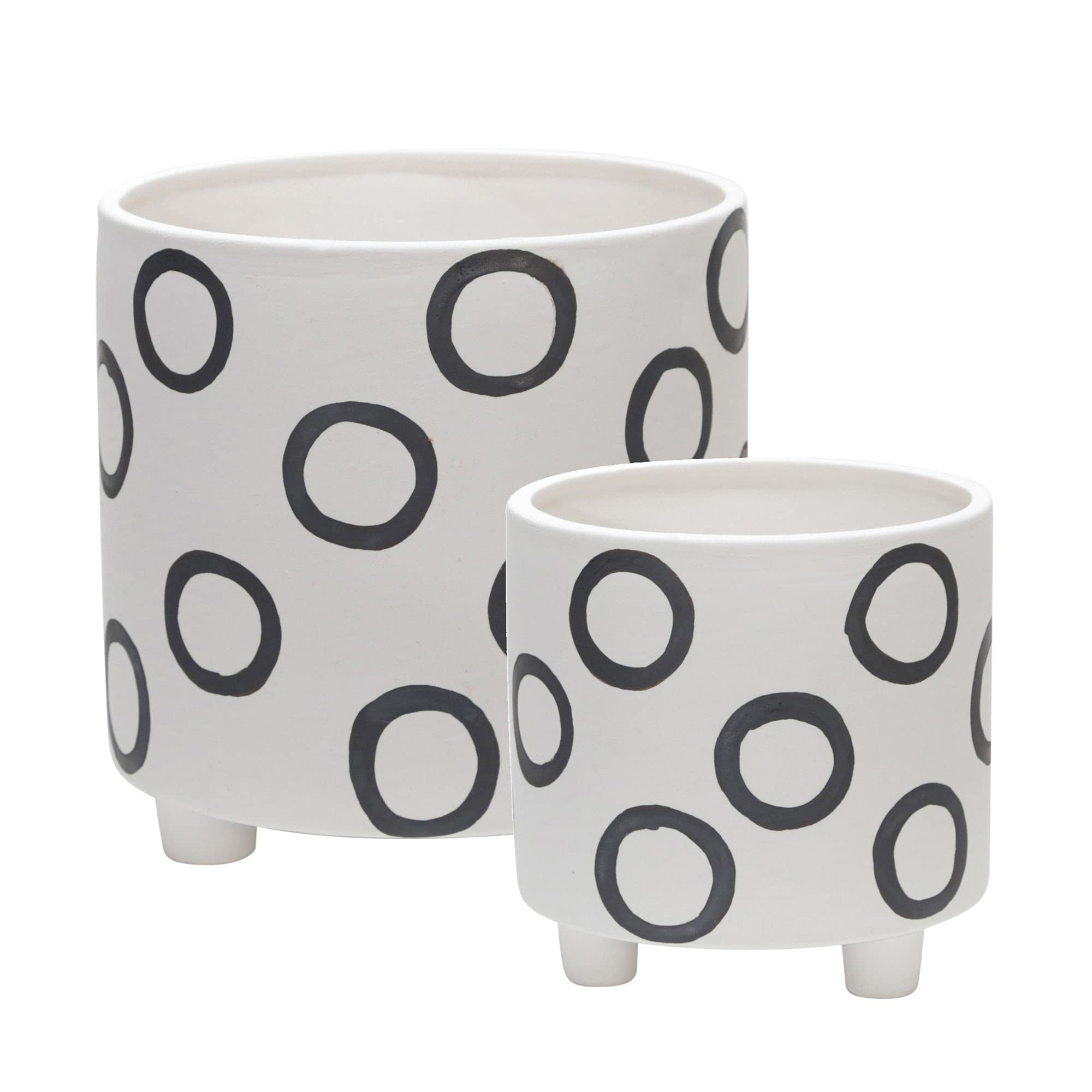 Set of 2 White and Black Ceramic Outdoor Planters with Feet - 8 Inch Pots for Patio, Garden, and Balcony Decor