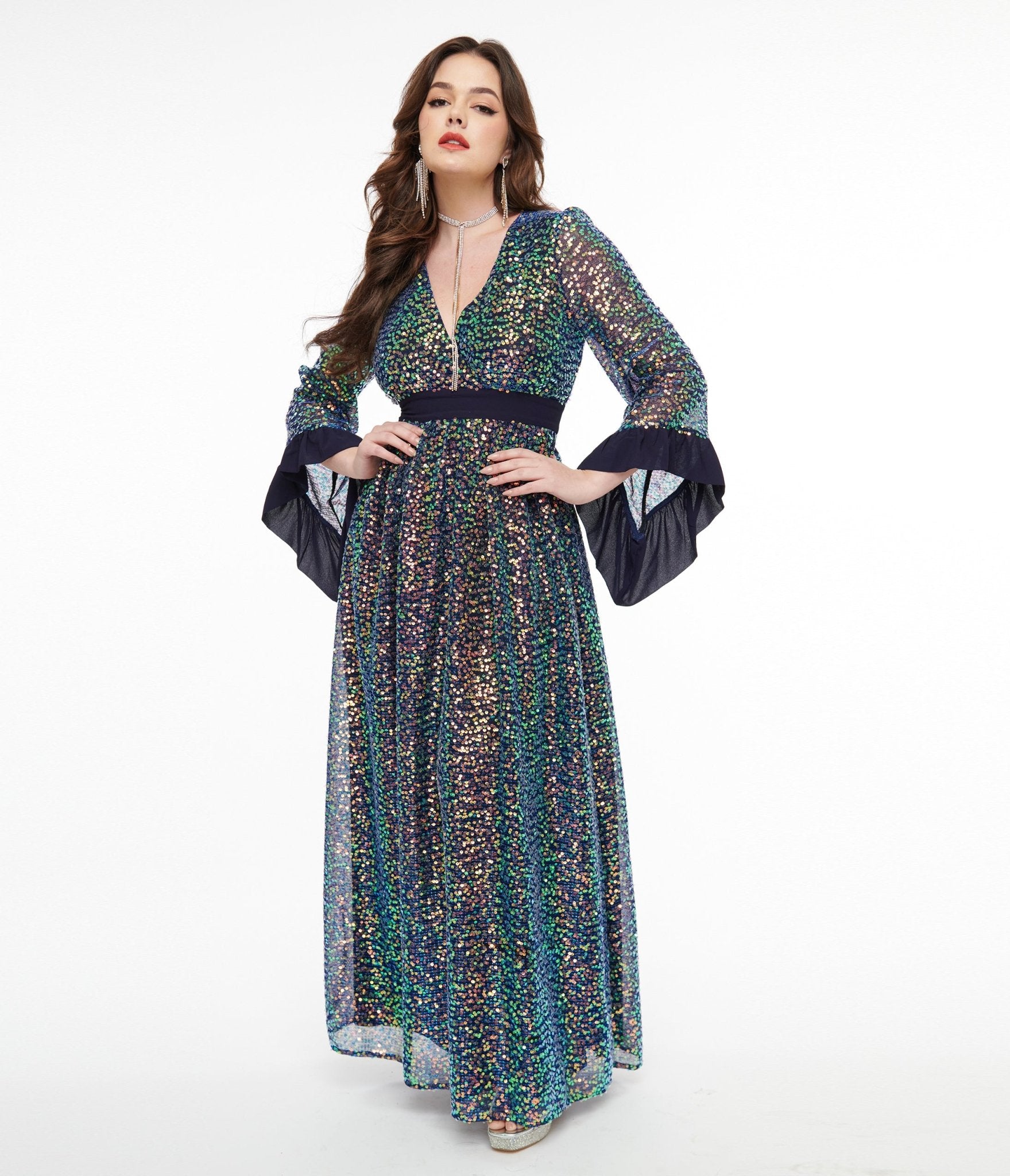 Vintage 1970s Navy Blue Glitter Sequin Maxi Dress - Retro Party, Formal Evening & Special Occasion Outfit