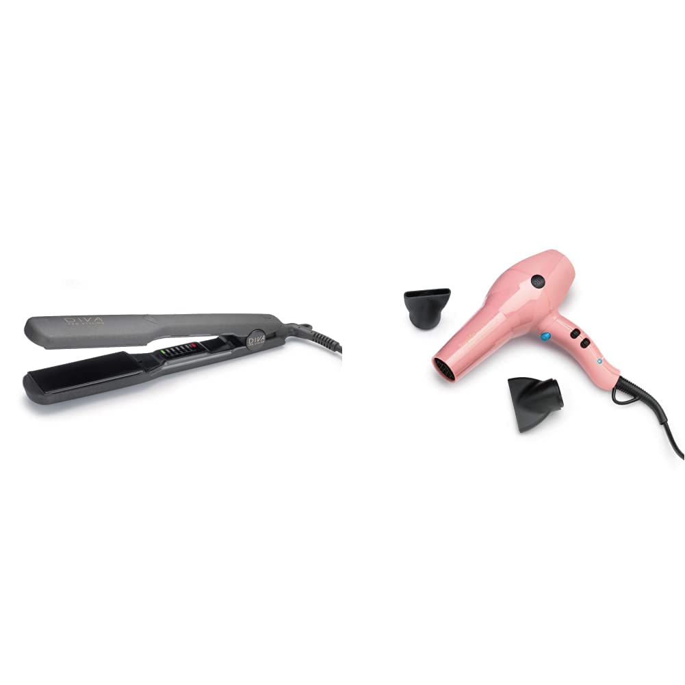Diva Pro Styling Wide Digital Hair Straightener & Styler with Keratin Infused Ceramic Plates - Macadamia & Argan Oil Infusion (PRO218, Black) | Professional Hair Dryer Blush (PRO114) - Salon Quality Styling Tools for Smoothing, Straightening & Volumizing Hair at Home