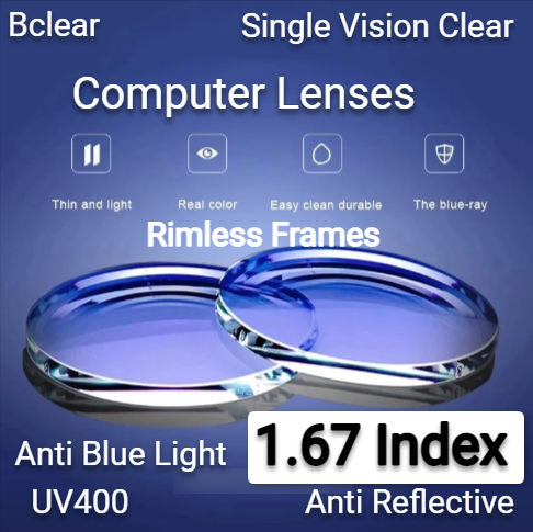 BCLEAR 1.67 High Index MR-7 Single Vision Blue Light Blocking Computer Glasses - Reduce Eye Strain for Digital Screens, Gaming & Office Work