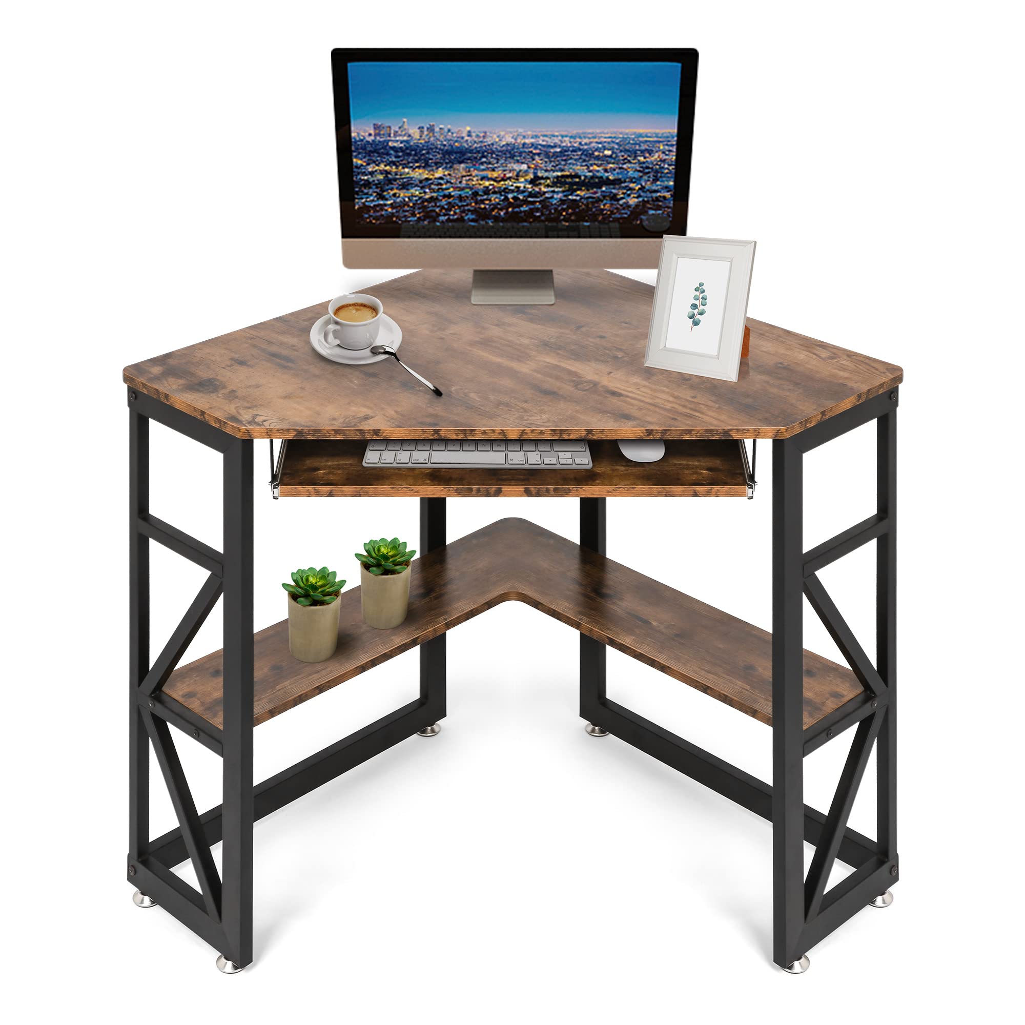 LUCKYERMORE Small Space Corner Desk - Heavy Duty Steel Frame Triangle Computer Desk with Keyboard Tray & Storage Shelves, Rustic Brown - Perfect for Home Office, Gaming, and Study Rooms