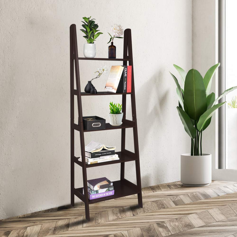 5-Tier Modern Wooden Ladder Shelf - Multifunctional Bookcase, Plant Stand & Home Storage Organizer for Living Room, Office, Bedroom | Space-Saving Leaning Wall Shelf (Brown)