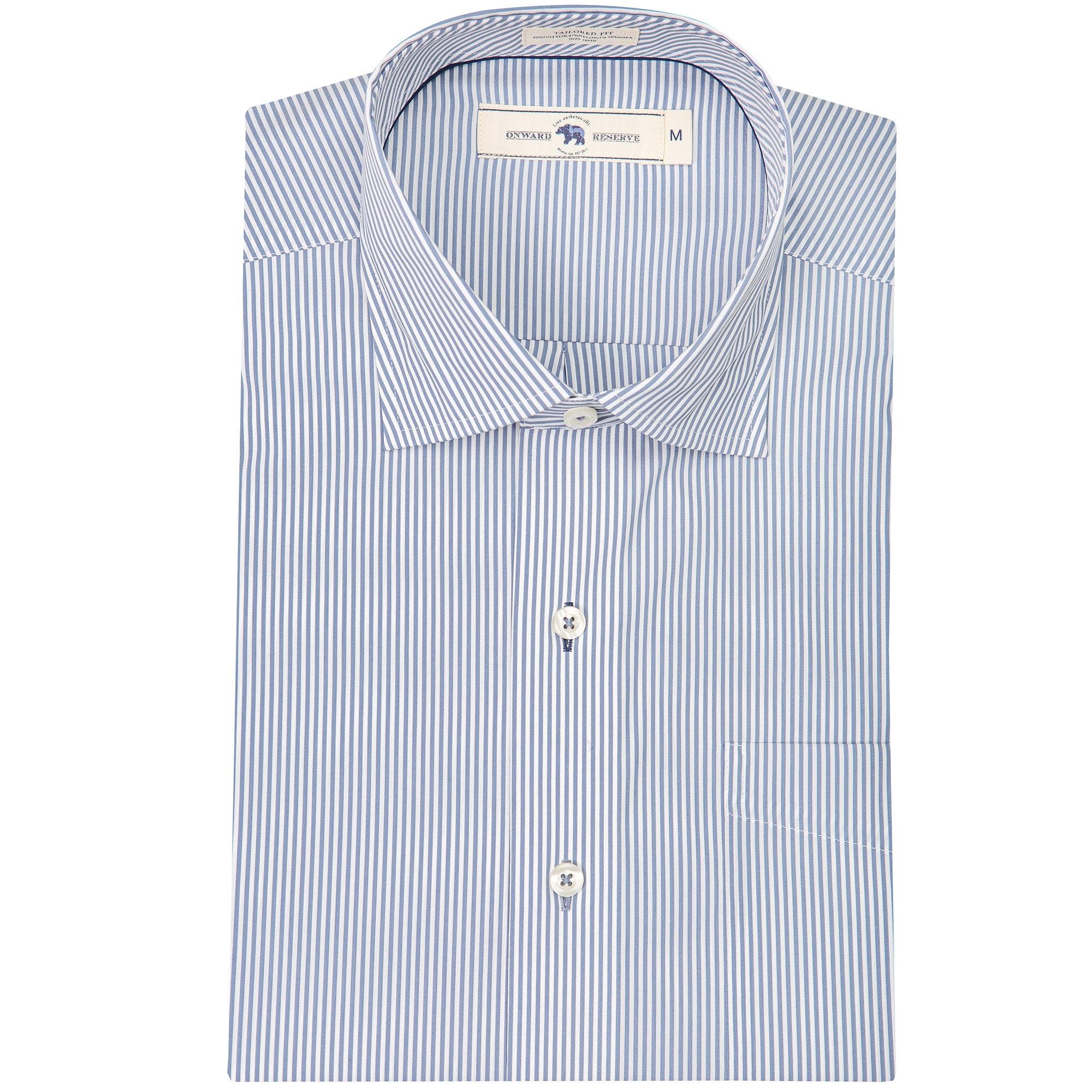 True Navy & White Stripe Tailored Fit Spread Collar Dress Shirt for Men - Business Casual & Office Wear | Slim Fit Button Down Shirt for Work & Formal Occasions