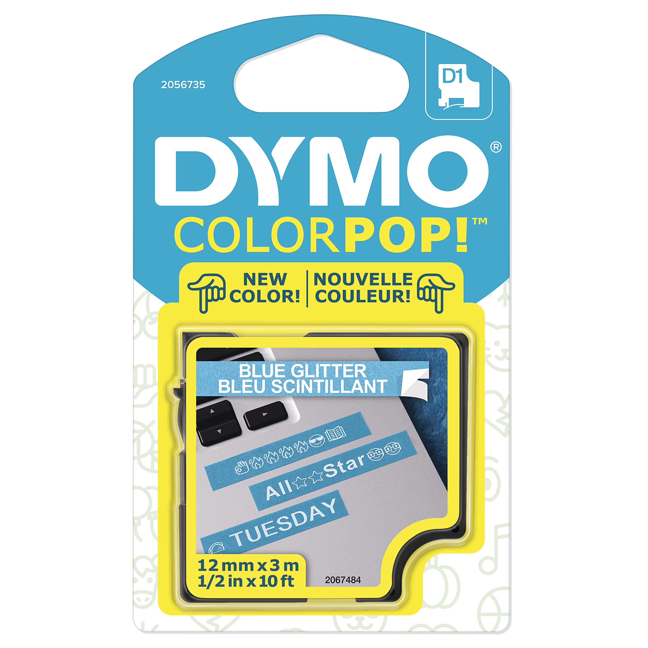 DYMO COLORPOP Authentic Label Maker Tape - 1/2 Inch Wide x 10 Feet Long, White Print on Blue Glitter (D1 Standard) - Perfect for Office Organization, School Supplies & Home Labeling Needs