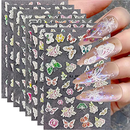 5D Embossed Butterfly Nail Stickers - 8 Sheets Summer Nail Art Decals for Acrylic Nails | Colorful Butterfly & Flower Nail Designs for Women | Perfect for DIY Manicures, Parties & Special Occasions