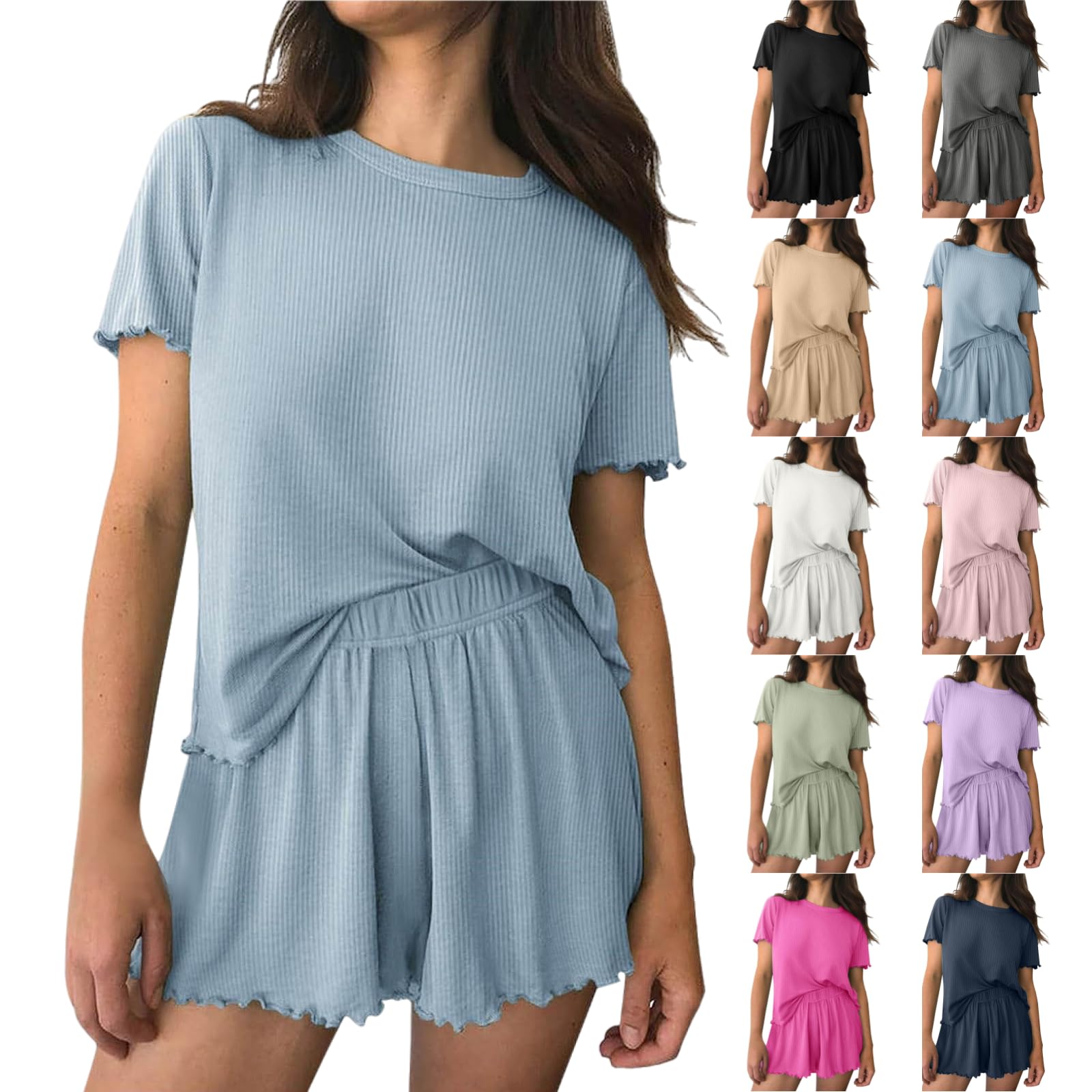2 Piece Women's Summer Short Sleeve Crew Neck Tops & Elastic Waist Shorts Set - Loose Comfortable Lounge Outfit for Home, Travel & Casual Wear