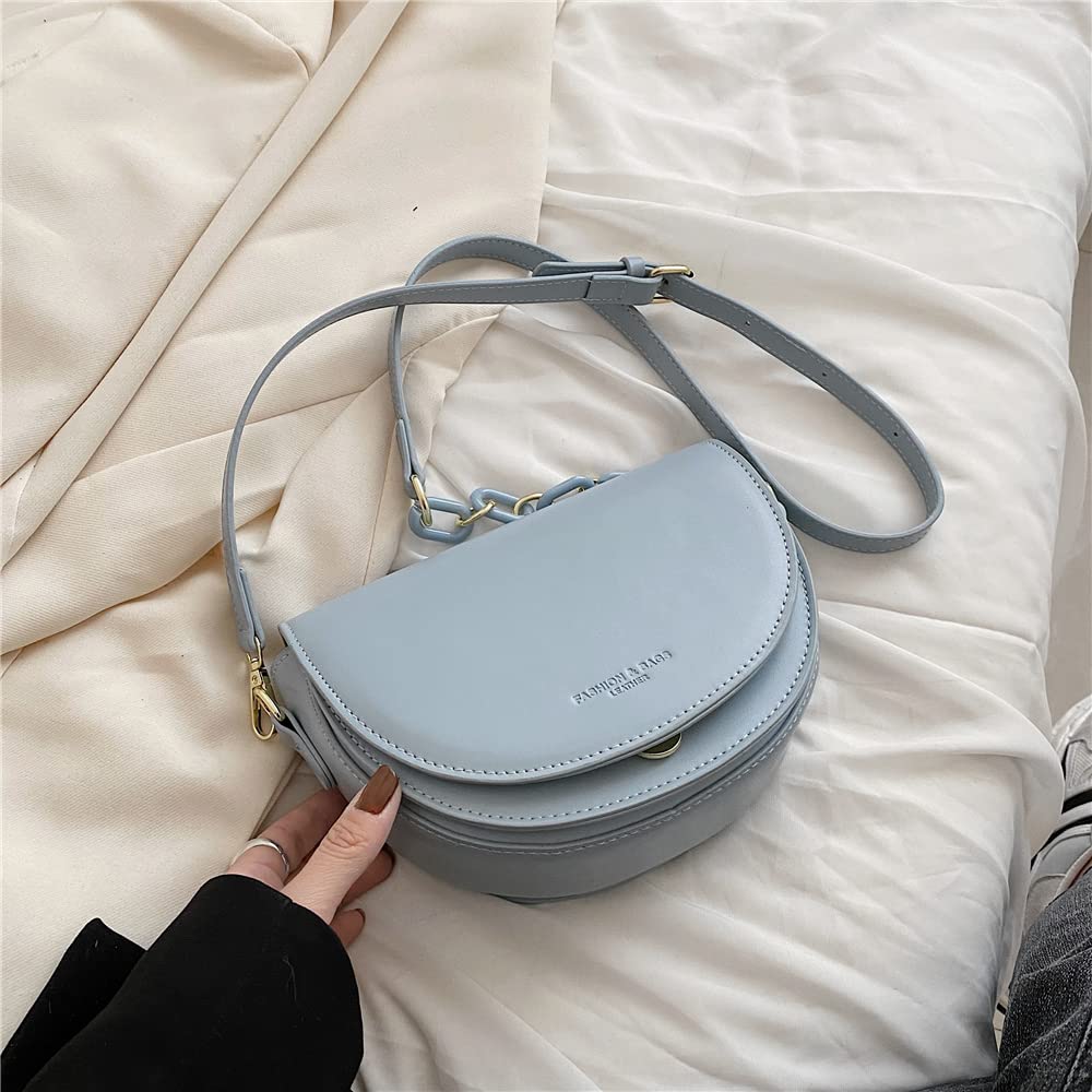 Trendy Semicircle Saddle Chain Shoulder Bag for Women - Push Lock Flap Crossbody Purse with Detachable Strap | Perfect for Work, Travel & Daily Use (Blue)