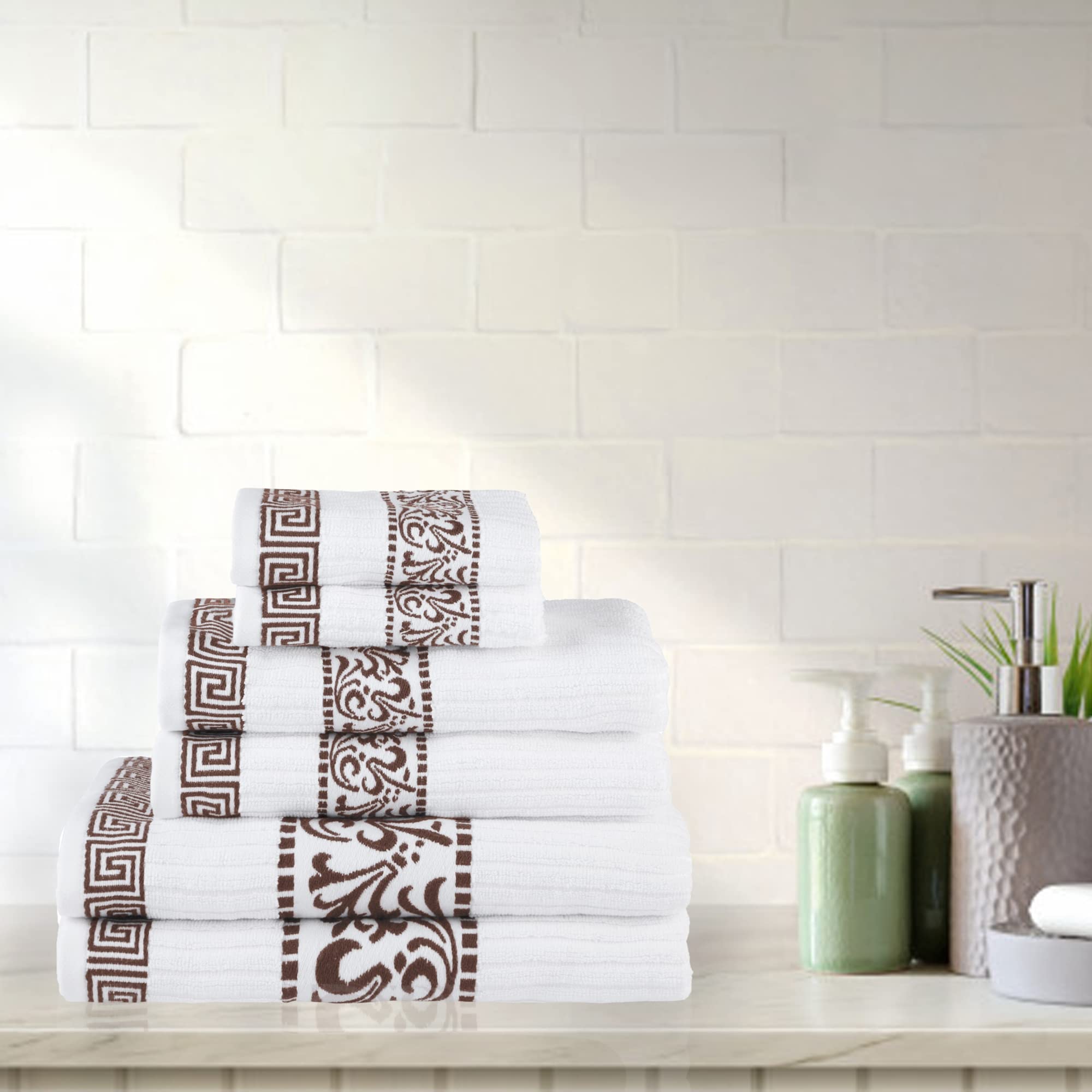 Premium 6-Piece Cotton Towel Set - Ultra Absorbent & Plush Bath, Hand & Face Towels with Greek Key Jacquard Trim (13”x13”, 16”x30”, 30”x52”) - Perfect for Spa, Guest Bathroom & Luxury Home Decor - Athens Chocolate Collection