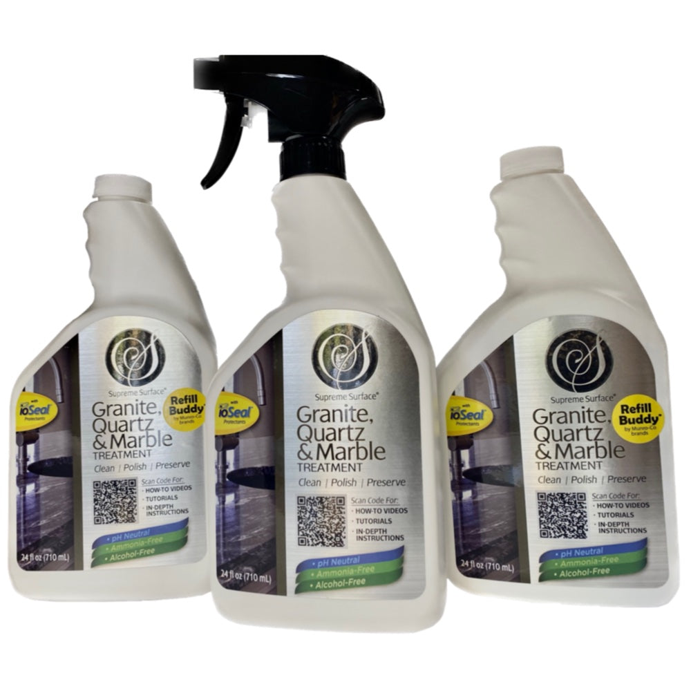 Premium Granite, Quartz & Marble Cleaner & Polish - 3 Pack Refill Value (24oz Each) - Ideal for Countertops, Kitchen Islands & Bathroom Vanities
