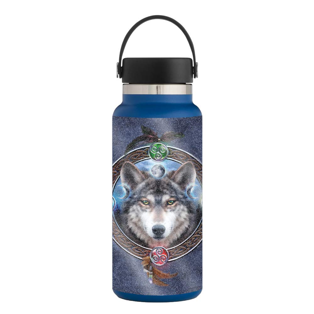 MightySkins Glossy Glitter Protective Skin Wrap for Hydro Flask 32 oz Wide Mouth Water Bottle - Wolf Dreamcatcher Design | Durable Scratch-Resistant Vinyl Decal | Easy to Apply & Remove | Made in USA | Perfect for Gym, Hiking, Work & School