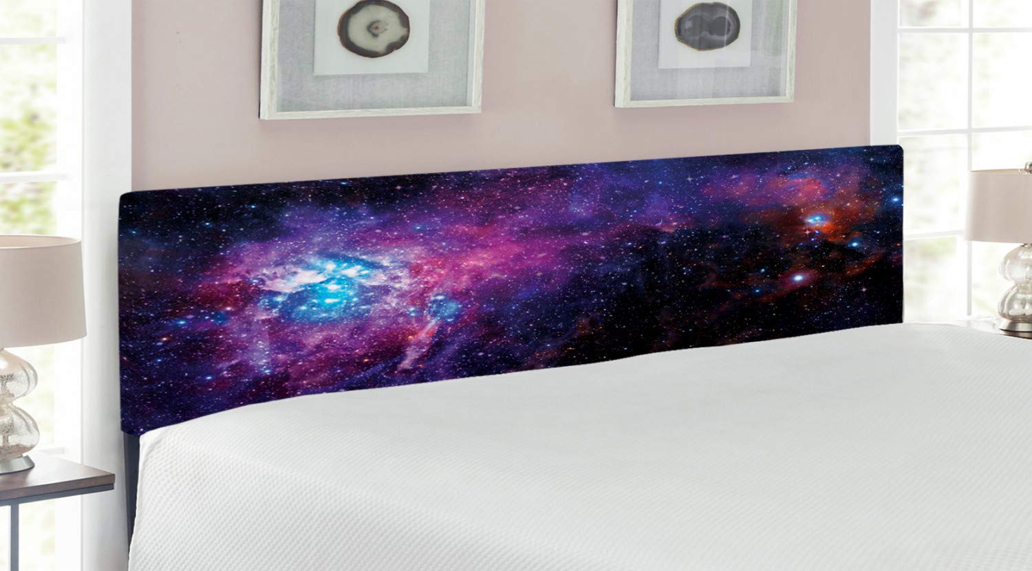 Ambesonne Galaxy Headboard - King Size Upholstered Metal Bed Frame with Memory Foam | Starry Night Nebula Space Art Print in Black Purple Blue | Perfect for Celestial Themed Bedrooms & Modern Home Decor