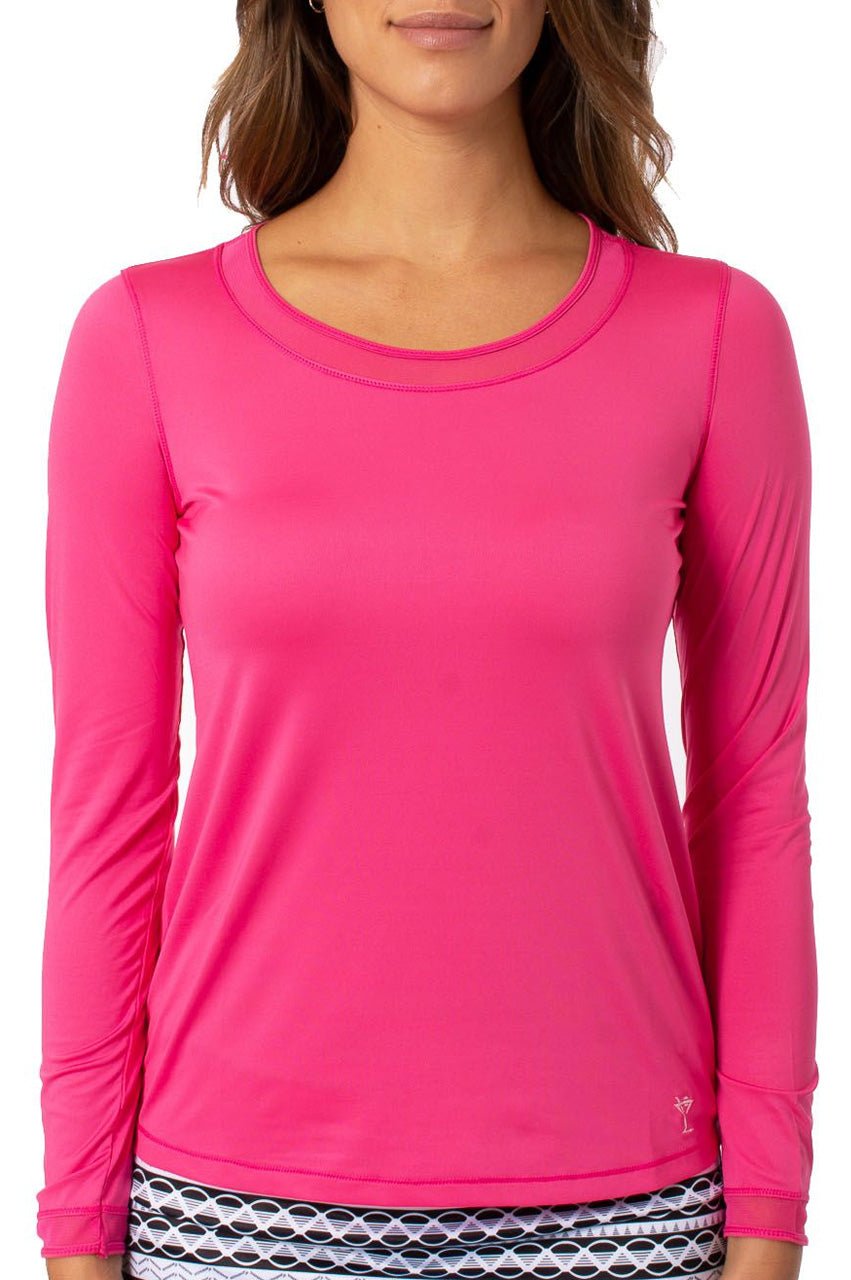Stylish Hot Pink Long Sleeve Mesh Trim Top for Women - Trendy Party & Night Out Outfit