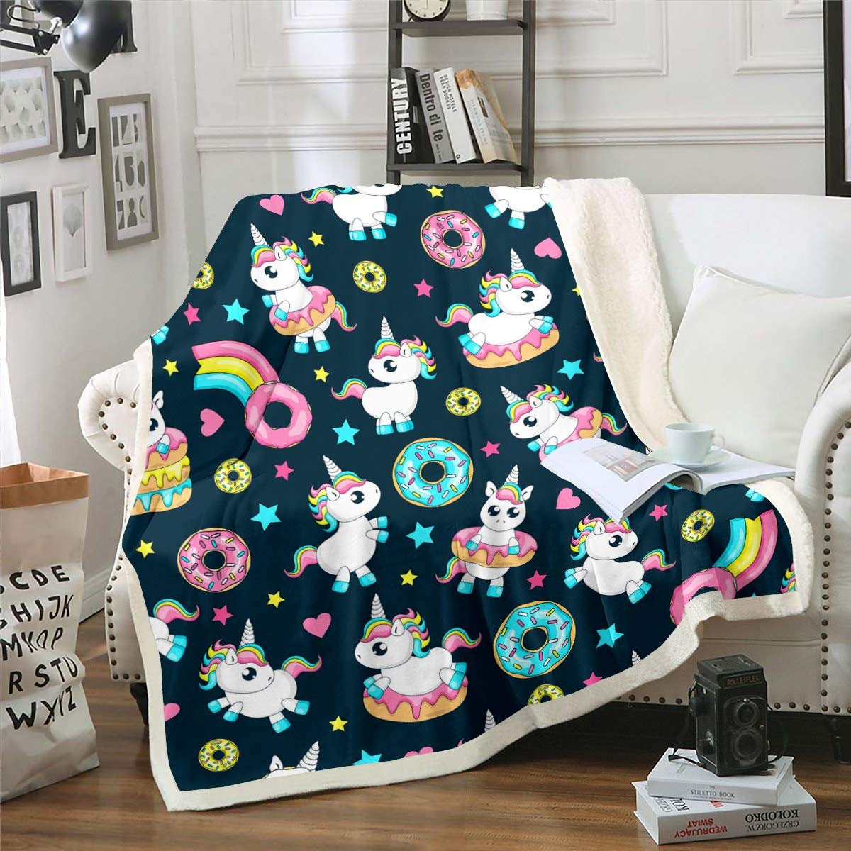 Unicorn Sherpa Blanket - Soft Plush Fleece Throw for Couch, Bed & Kids Room - Magical Animal Print Fuzzy Blanket 90