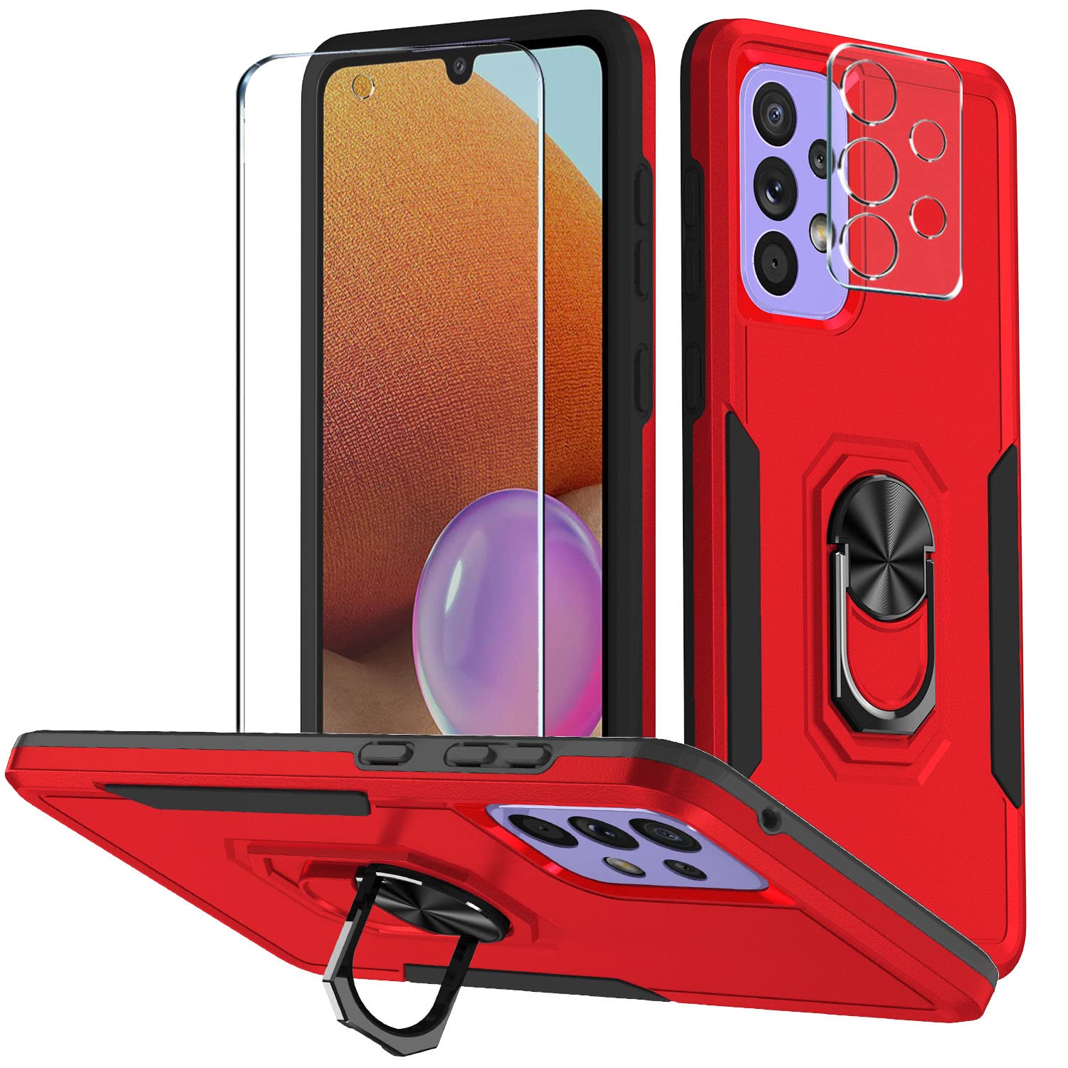 Premium Shockproof Case for Samsung Galaxy A53 - Heavy Duty Dual Layer Bumper with Built-in Kickstand, Includes 1 Screen Protector + 1 Camera Protector Ring [Magnetic Car Mount Compatible] (Red) - Perfect for Outdoor Activities, Work & Daily Protection