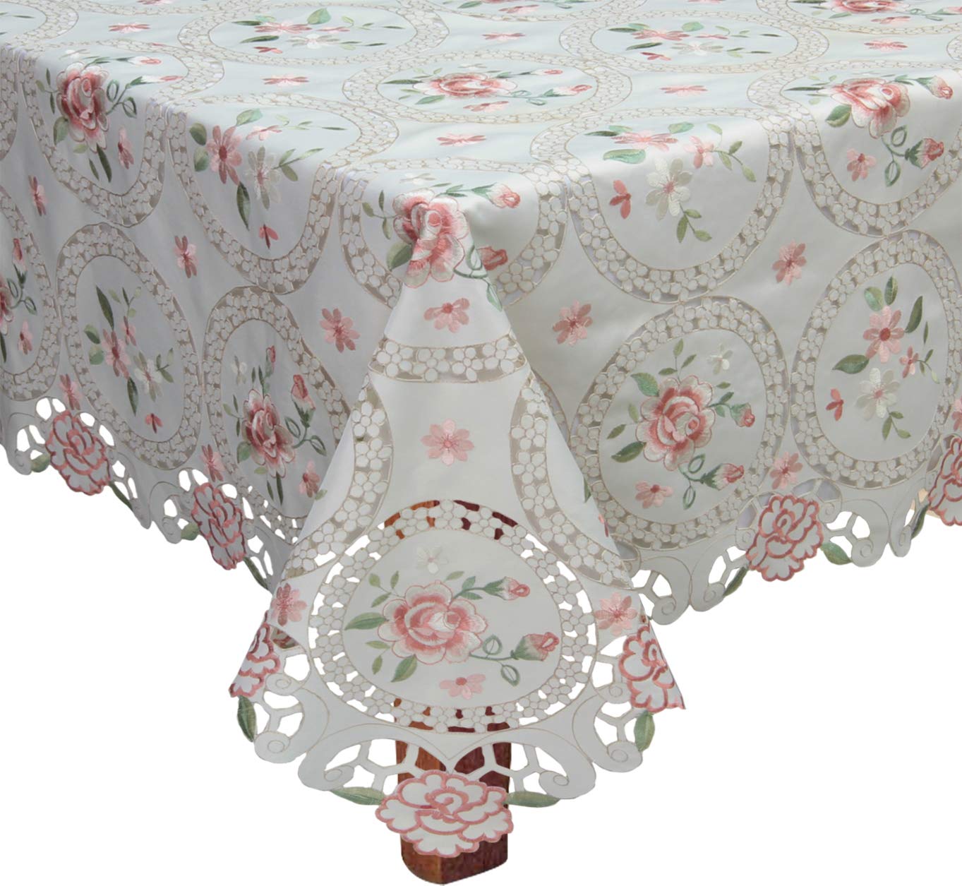 Embroidered Pink Rose Daisy Floral Pastel Tablecloth Set - 68x104 Inch Rectangular Table Cover with 12 Ivory Napkins - Spring Wedding, Easter Brunch & Garden Party Decor