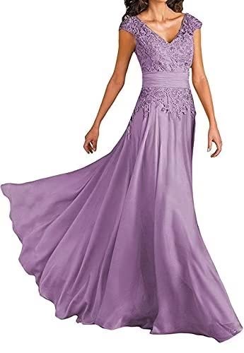 Elegant Chiffon Mother of The Bride Dress for Women - Long V-Neck, Short Sleeve Formal Evening Gown Plus Size (Dusty Purple) | Perfect for Weddings, Parties & Special Occasions