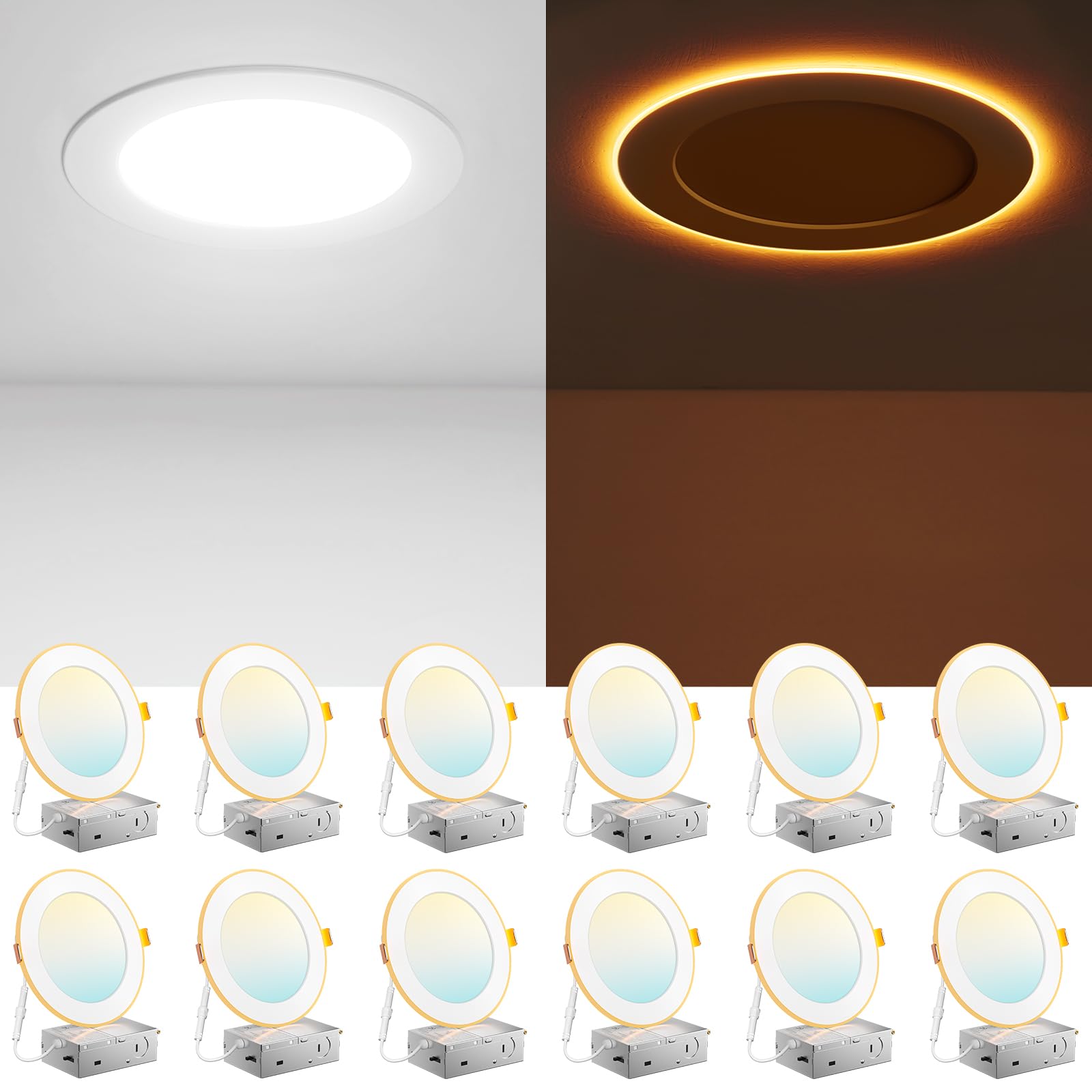 Amico 12 Pack 6 Inch Ultra-Thin LED Recessed Ceiling Light with Night Light - 5CCT Selectable (2700K-5000K), 12W=110W Equivalent, 1100LM, Dimmable Canless Wafer Downlight - ETL & FCC Certified - Perfect for Bedrooms, Kitchens, and Living Rooms
